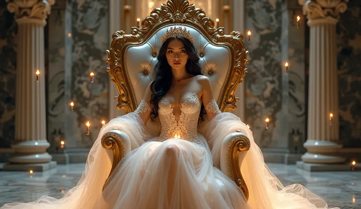 "A mystical queen wearing a sheer, glowing gown, seated on a luxurious throne in a marble palace surrounded by floating candles."

