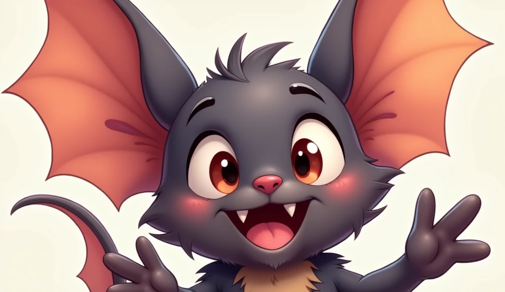 A close-up of Chiku the cartoon bat, showing his humorous personality with wide eyes, a cheeky grin, and a fun pose like waving at the viewer.
