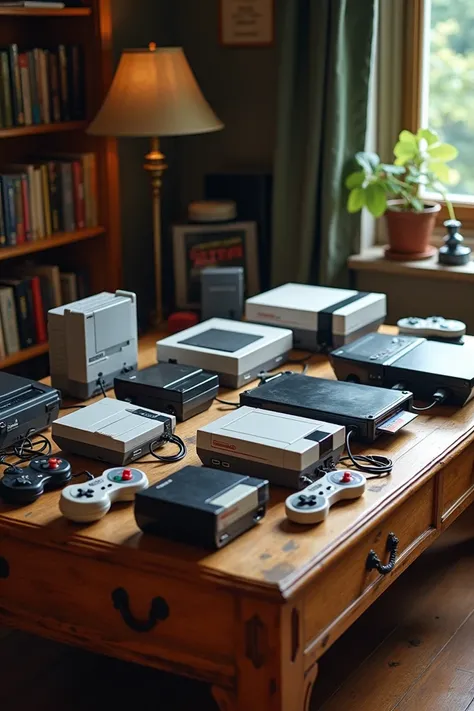 Multiple video game consoles on a single table