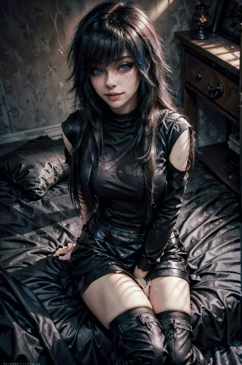 a beautiful young woman with long black emo-style hair, wearing a black semi-open business shirt, a ruffled leather skirt, knee-high stockings, and leather boots, sitting in a butterfly pose on a bed, mascara, smokey eyeshadow, dark eyeliner, (best quality...