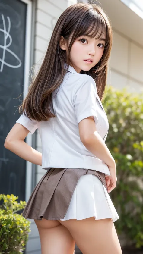 Product quality, 1 girl,(well-proportion),(Shot from below :1.4),( Taimo emphasis:1.4),Beautiful young Japanese girl,Daytime, (  high school classroom :1.2),(Short sleeve shirt:1.3),( school girl uniform :1.3),( blazer:1.3), ( white ultra short micro mini ...