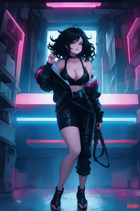  Physical characteristics: girl, ( full body ),  wavy black hair,  small breasts,  cleavage, sensual expression,  open legs standing .

Style:  cyberpunk , fantasia  cyberpunk, seductive,  High Definition, anime.

 lighting :  soft front light with reflect...