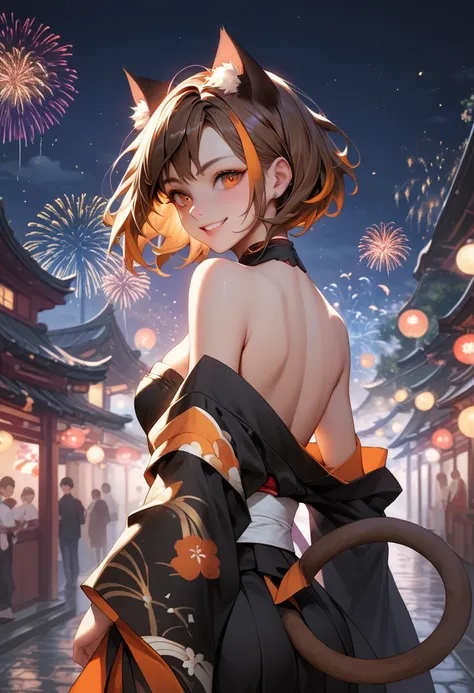 anime, masterpiece, best quality, from behind, solo, 1girl, ockua, brown tail, cat tail, smile, looking back, short hair, streaked hair, brown hair, orange hair, cat ears, orange eyes, japanese clothes, black kimono, off shoulder, white sash, bare shoulder...