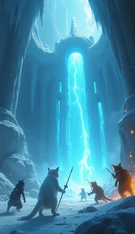 A stunning cinematic 4K image of a massive ice fortress glowing with an eerie blue light. Inside, the white cat warrior fights against robotic enemies made of ice and metal. The gray mage cat casts a freezing spell, sending icy shards flying, while the bla...