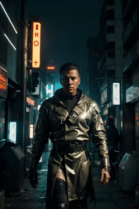 (best quality:1.3), (best performance:1.2), (best illustration:1.2), (Comic style:1.2), (artistic cinematic lighting:1.2) (1man) wearing futuristic technological Cyberpunk electronic robes, his body is covered by metallic parts, in a cinematic horror movie...