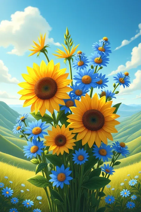 Bouquet of sunflowers and blue flowers in a landscape
