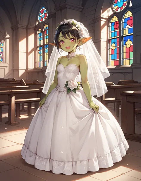 score_9, score_8_up, score_7_up, (((1 girl))), wedding_dress, green goblin girl, indoors, church, happy face, perfect beautiful face, standing, (((personless background)))