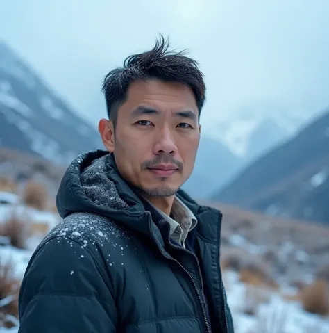 Realistic, pretty Asian man 55 years, very short crew cut dark brown hair, , slightly wavy hair, dark tan skin, slightly muscular and looking good, wearing shirt and jacket, looking at viewer, standing in front of blue cockscomb garden hillside, snowy moun...