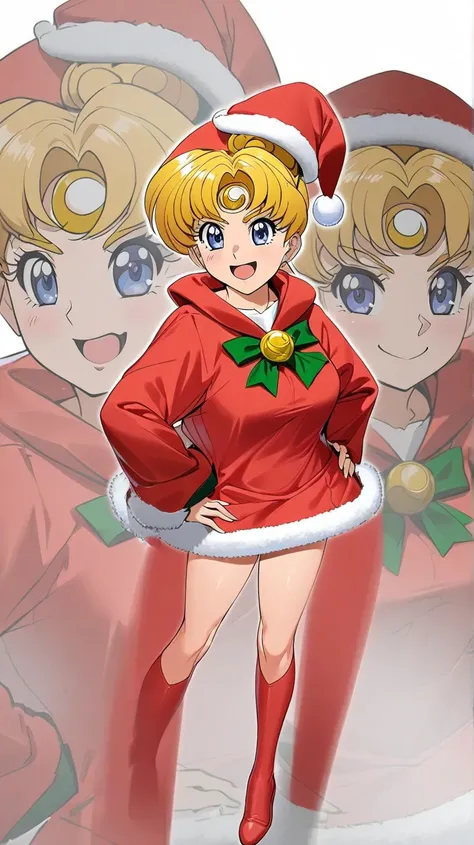 1girl, Solo, sailor moon, High Resolution, Anatomically Correct, Smile, Zoom Layer, Christmas background, Santa uniform and holiday hat, hands on hips