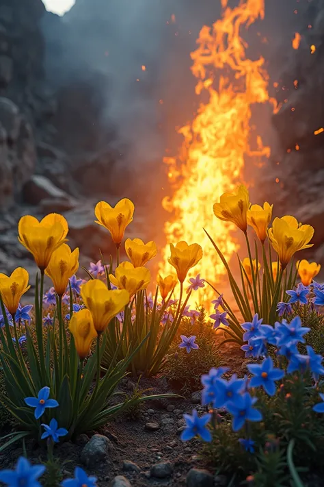 Yellow and blue flowers with a real fire landscape
