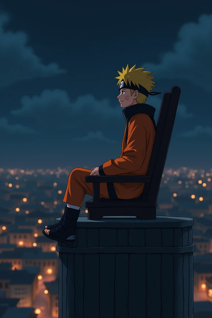 Naruto as a small seated Hokage Towers at night listening to music