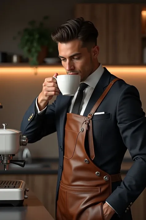  handsome man ,   light brown complexion  , high, de high valor, in suit, sipping a cup of coffee  ,  Prepare coffee in the espresso machine put on a leather coffee apron with silver rings.