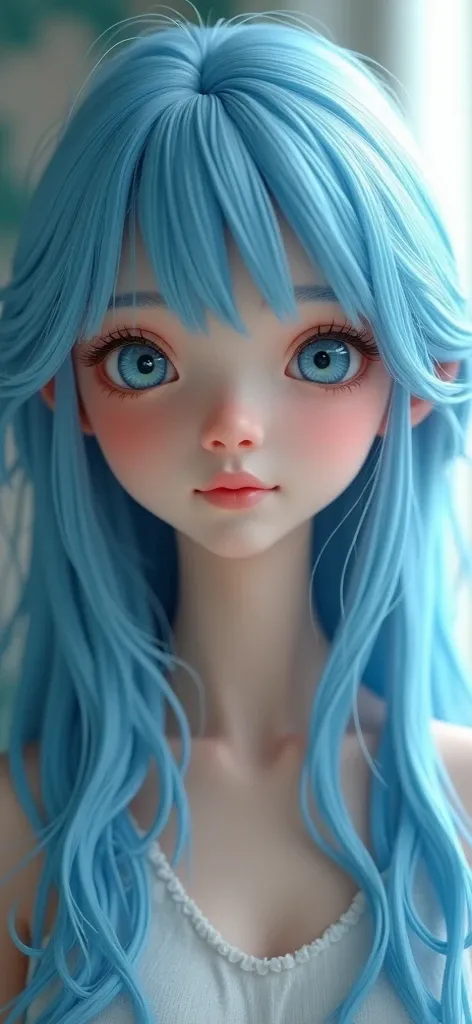  Very Long Hair , bangs,  light blue hair,  blue eyes, Reflected Light, Clay Rendering,  straight hair,Clay Rendering, smiles, Fair skin
light blue hair