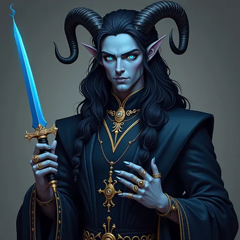 This character has dark blue or gray skin and bright blue eyes, which stand out intensely in his appearance. His hair is long, wavy and dark, falling in voluminous locks that reinforce his imposing air. He has large curved horns and pointed ears, features ...