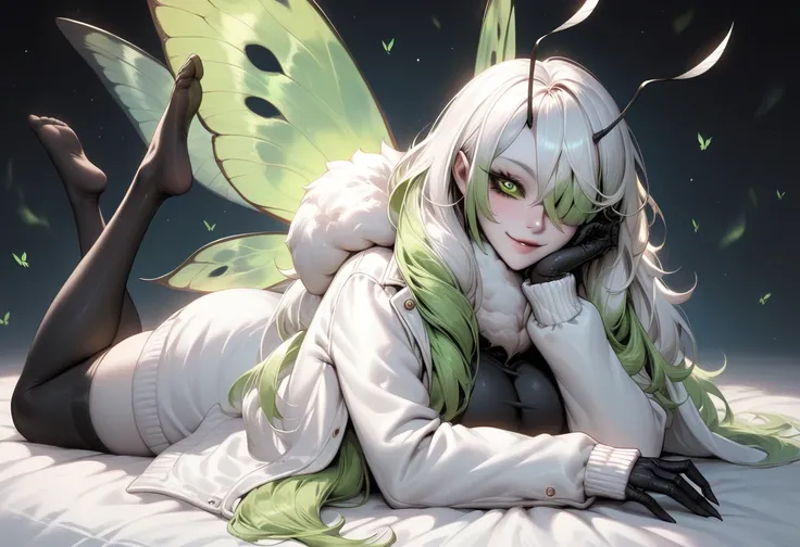 masterpiece, best quality, solo, 1girl, juniperactias, monster girl, arthropod girl, moth girl, white skin, insect wings, extra arms, fewer digits, carapace, smile, looking at viewer, the pose, head rest, lying, on stomach, crossed legs, feet up, long hair...