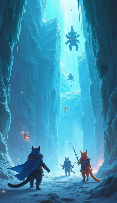 A stunning cinematic 4K image of a massive ice fortress glowing with an eerie blue light. Inside, the white cat warrior fights against robotic enemies made of ice and metal. The gray mage cat casts a freezing spell, sending icy shards flying, while the bla...