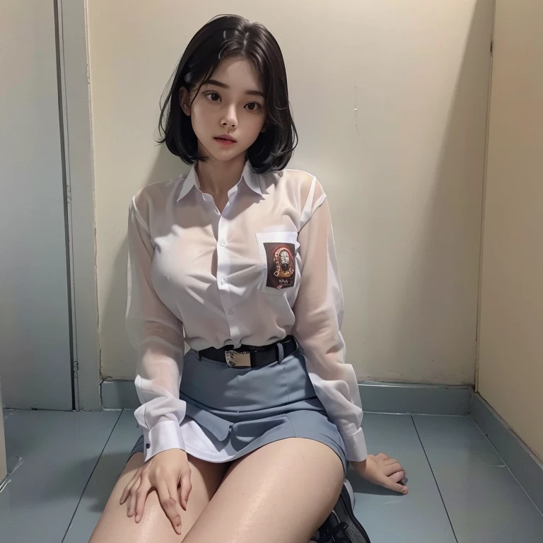 realistic, soft lighting, beautiful  old girl, short black hair. pale skin. very mysterious. White school shirt with one chest pocket, very thin material ((The shirt is very transparent) ((the color of the nipples is visible from the outside)), long sleeve...