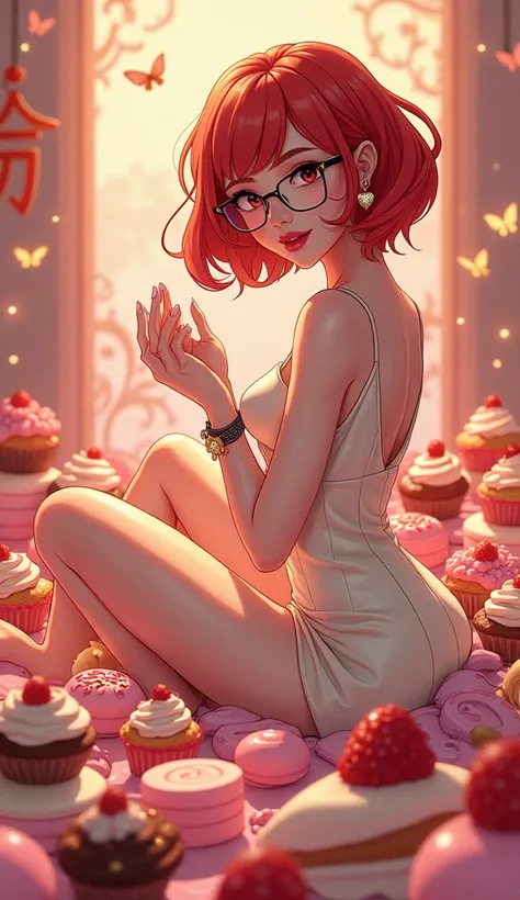 "Create a vibrant manga-style cartoon illustration featuring Fabiens best friend, sitting elegantly and sexily on a bed made of various desserts like cupcakes, lollipops, pain au chocolat, mochi, and more. Her facial features should match the reference, wi...