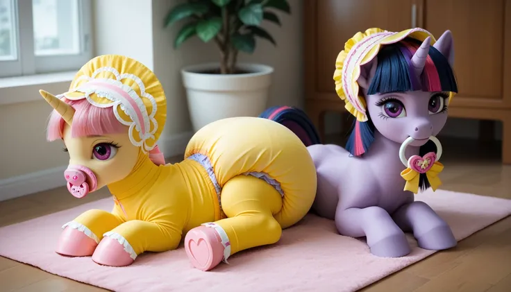 pony unicorn alone ,  Twilight Sparkle, filly , mane, gathered in a yellow bonnet,  dark blue tail with a purple strand and a pink strand,  purple eyes, sits in the room on a soft play mat, dressed in a yellow bodysuit and yellow booties, yellow pacifier i...