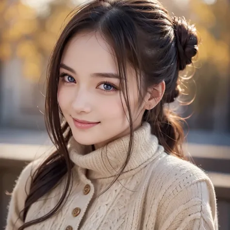 a cute girl with semi-long hair,hair in updo,winter clothes,gorgeous smile,beautiful detailed eyes,beautiful detailed lips,extremely detailed eyes and face,long eyelashes,portrait,highly detailed,photorealistic,hyper realistic,ultra-detailed,8k,digital pai...