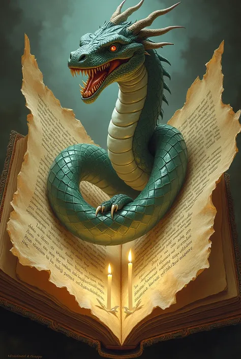  An old, open-ended book on a page with detailed illustrations of a giant sea serpent or dragon, surrounded by texts on aged parchment ,  with golden tones and soft candlelight in the background .
