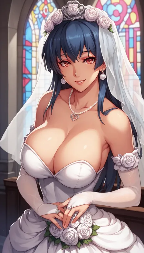 1girl, breasts, dress, wedding_dress, jewelry, veil, solo, cleavage, smile, necklace, , bridal_veil, earrings, large_breasts, , long_hair, makeup, white_dress, gloves, bare_shoulders, window, indoors, looking_at_viewer, , , strapless, , bridal_gauntlets, p...