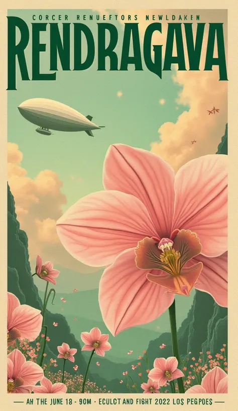 Poster for a dream pop band concert, name of the band is "Rendragava" with an indian style lettering font in green color, blend images like a dirigible or an orchid, collage, light pink and light orange colors, beautiful light green nebulae, date of the co...