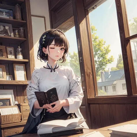 ((Very detailed), #c2894b background, book store, window, afternoon, sunlight, Cozy atmosphere, many bookshelves, Detailed antique binding of a book, 1 butterfly), ((Cinematic), Warm and soft lighting), ((Ultra-detailed, Beautiful Face, 1 girl), Very detai...