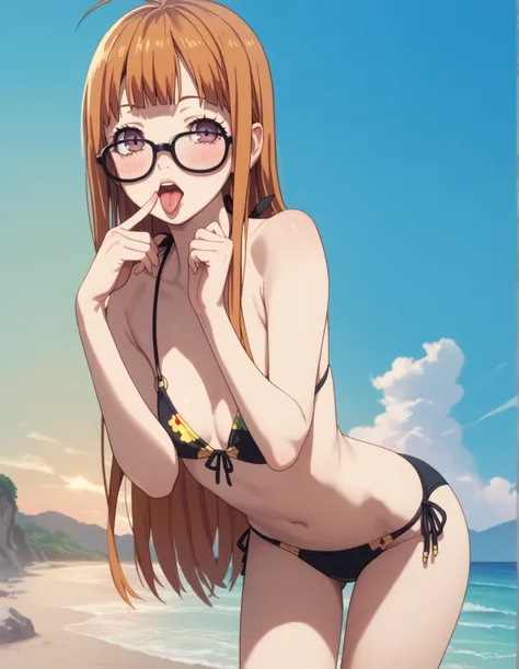 Best Quality, Masterpiece, ultra high resolution,
futaba, def, black  bikini, cleavage, bikini, background beach, small breasts, eyelid pull, finger to eye, tongue out, :p, tongue, ;p, blush, leaning forward, bent over,  looking at viewer, solo,, dutch ang...