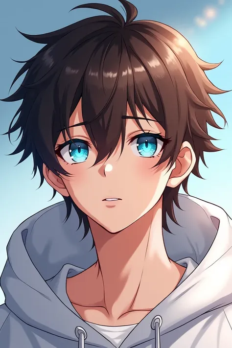 A man, with a white hoodie, and blue eyes with brown hair.
Anime style