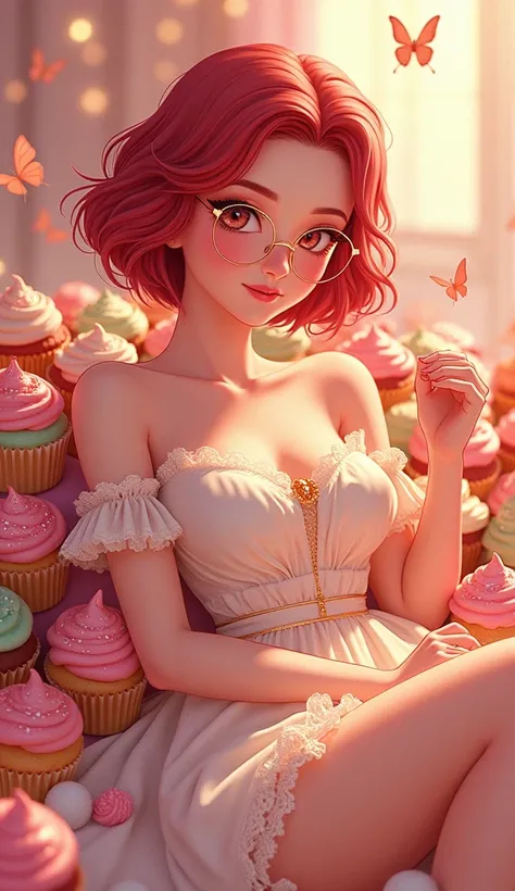 "Create a vibrant manga-style cartoon illustration featuring Fabiens best friend as the centerpiece of the scene. She should be sitting elegantly and sexily, almost as if shes blended into a bed made entirely of various desserts, such as cupcakes, lollipop...