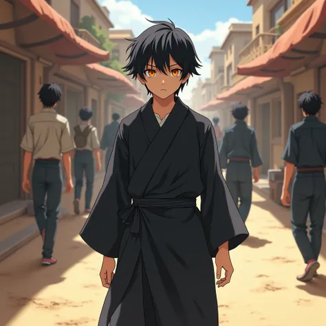 ninjas teen naruto, black hair, Walk in the sand , pupille orange, black tunic, Feneant ,  in a populated village
