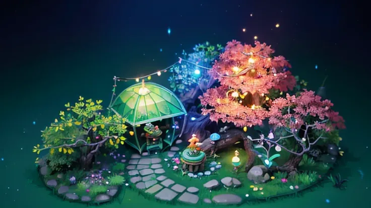 isometric art, lush fantasy rainforest, dryads, fairies, fireflies, Magic garden miniature scene, branches with delicate flowers and soft lights, Illuminated by happy smiling miniatures. 8k automatic reality