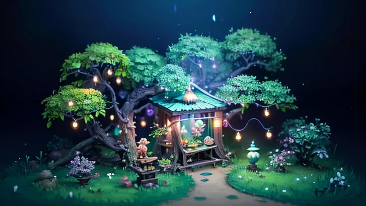 isometric art, lush fantasy rainforest, dryads, fairies, fireflies, Magic garden miniature scene, branches with delicate flowers and soft lights, Illuminated by happy smiling miniatures. 8k automatic reality