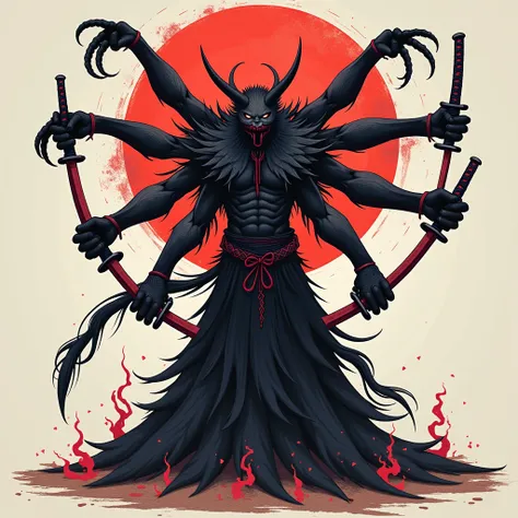  Please make a full body image without a background 。
 Please overexpress monsters, specters, dark heroes, etc. with the theme below
Please create a single character without a background。

 theme is 7 with Japanese swords.The 5-headed demon 