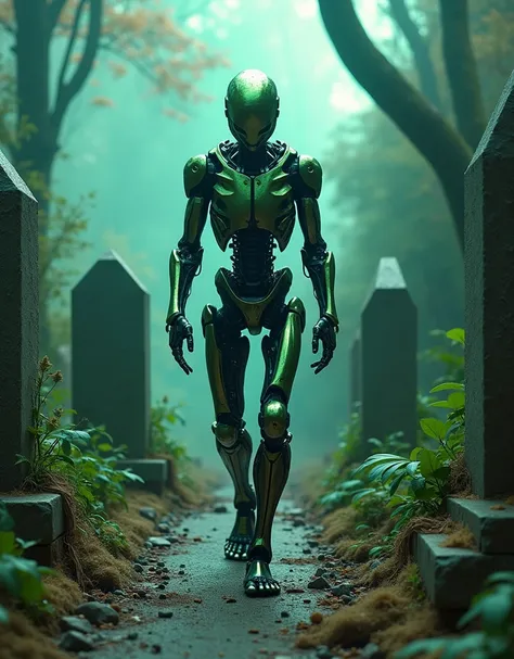 A cyborg with an exoskeleton that looks like human reinforced bones made of steel, the exoskeleton mirrors the light that shines it, the cyborg is walking on a futuristic cemetery between graves that have tombs made from an alien metal alloy that is greeni...