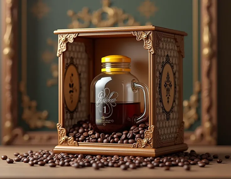  a box with a plastic window inside has a coffee bottle in a Mason jar with a yellow lid, design inspired by colonial baroque touches and coffee beans 