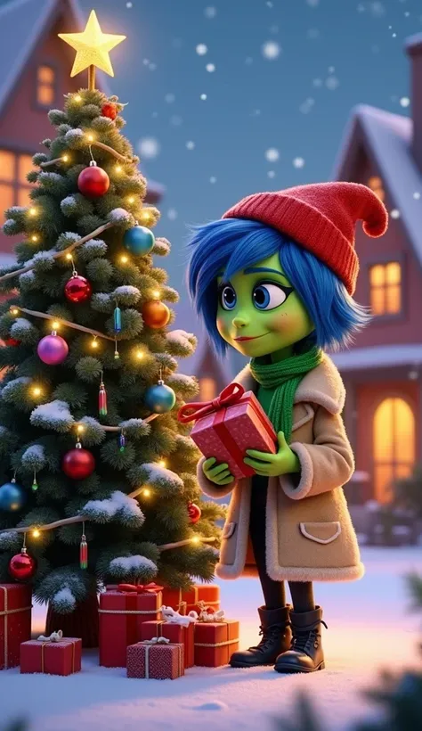 "A festive Christmas scene in a cozy, snowy village featuring Disgust from Disneys Inside Out. Disgust is dressed in a chic winter outfit, complete with a stylish green scarf and a fashionable red hat. She stands next to a beautifully decorated Christmas t...