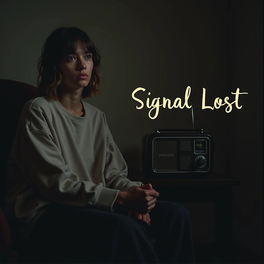 A poignant and evocative IG influencer photo promoting the song "Signal Lost". The image features a young, sensitive-looking influencer, dressed in casual, comfortable clothing, sitting in a dimly-lit room with a vintage-style radio on a table beside them....