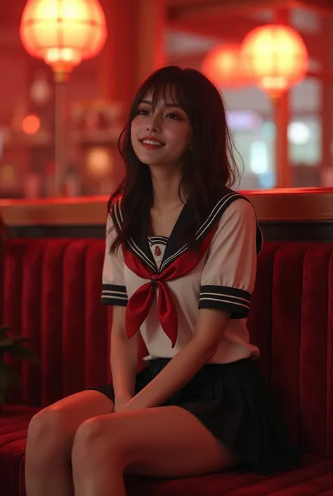  Realistic Pictures、 realistic skin、Realistic clothes、 woman cosplaying as a high school girl at a Japanese cabaret club、Sitting on the sofa and laughing 