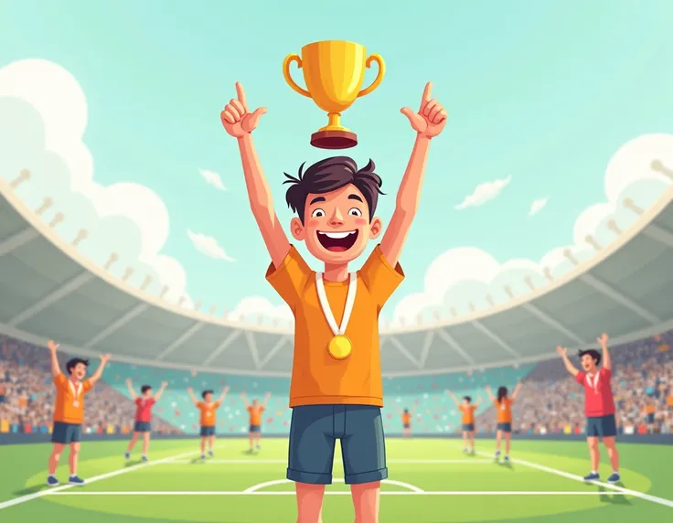 "A whimsical cartoon-style illustration of a , human, proudly holding up a trophy or medal after winning a sports competition. The  has a joyful, victorious expression, standing tall with their arms raised in celebration. The background features a sports f...