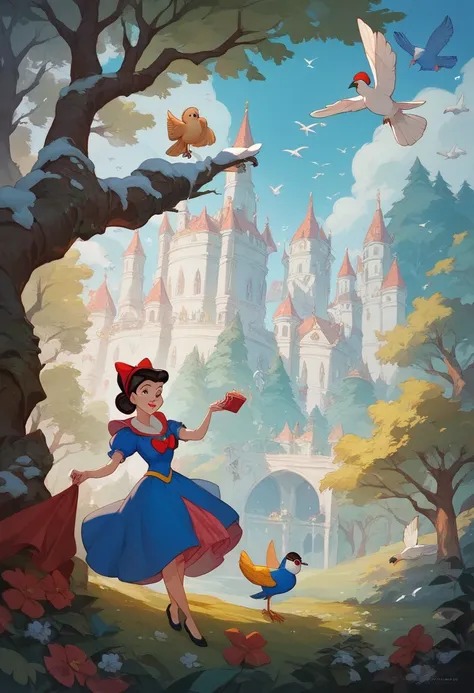 ( Illustration, DISNEY,anime,masterpiece),Snow White surrounded by 1000 little birds,background(Beautiful Forest)