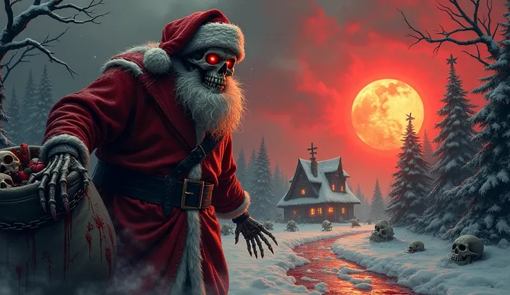 A dark and haunting Christmas scene, featuring a monstrous, skeletal Santa Claus with glowing red eyes and sharp, jagged teeth. His tattered crimson coat drips with black ichor, and his bony hands clutch a bloody sack filled with grotesque toys and severed...