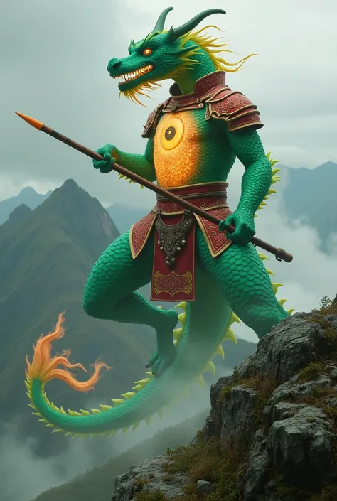 A fearsome dragon warrior with glowing emerald scales and red battle armor, wielding a jade spear. The warrior hovers above the Great Wall of China, surrounded by misty mountains. Its chest glows with a yin-yang core, symbolizing balance, and its long tail...