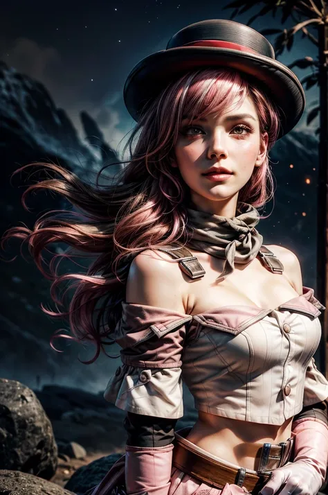 pink and brown hair, multicolored hair, neopolitanatlas, bowler hat, grey scarf, white gloves, white shirt, off-shoulder shirt, black sleeves, midriff, white belt, white skirt, smile, nighttime, stars, standing on a hill, waterfall in the background, cowbo...