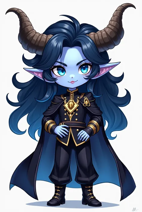 This character has dark blue skin and bright blue eyes, which stand out intensely in his appearance. His hair is long, wavy and dark, falling in voluminous locks that reinforce his imposing air. He has large curved horns and pointed ears, features that emp...