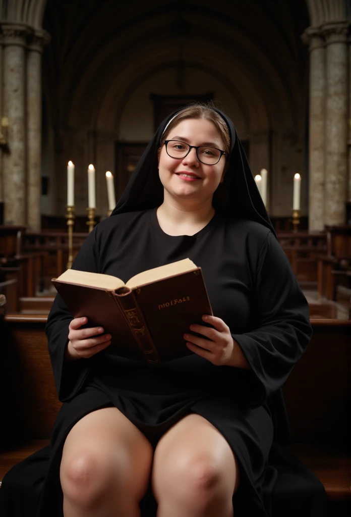 ((Portrait of a 60 years old)) round chubby ((busty)) Scandinavian ((prioress nun)), reading a big old book, sit in a cathedrals pew with slightly spread knees, ((black tunic with small boob holes)), veil. ((huge Saggy naked )), big blue eyes, eyeglasses, ...