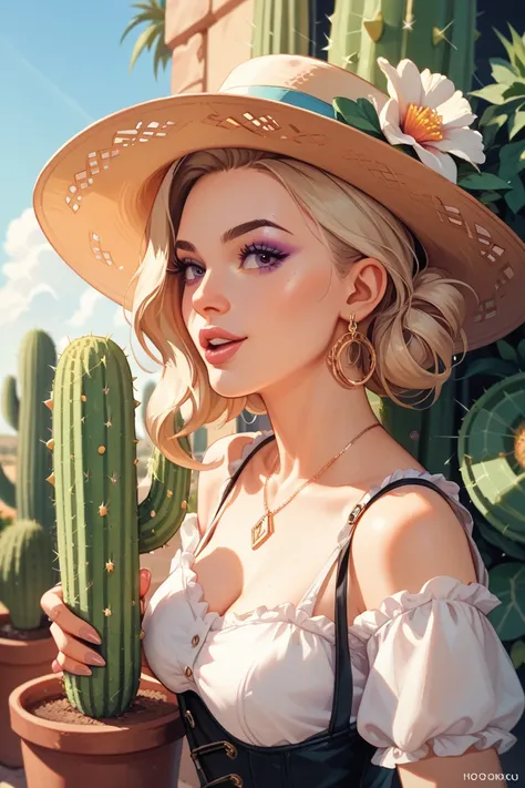  Close-up of a female person in the style of somi singer,  background characters from the cartoon Beyond the Garden , Cactus and the singers Itzy ,  astrological background all this with a surreal style 