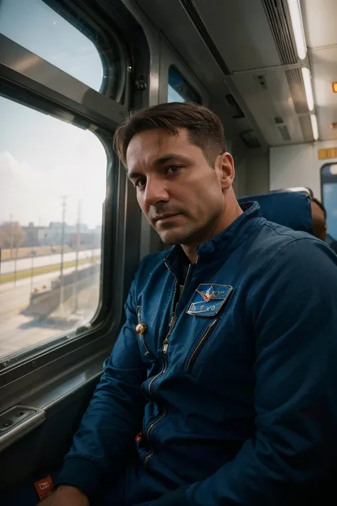 Editorial Photography of a strong male cosmonaut ((40 year old)) sitting in front of a train window to space, looking at camera, back to viewer, realistic skin, Photojournalism, retrofuturism, Kodak Ektar, Depth of Field, F/1.8, 4k, volumetric, vignette