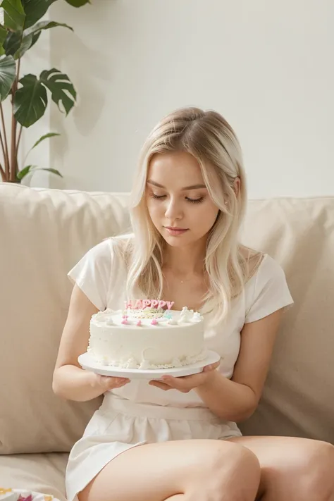 The woman is sitting on the sofa with a small white Pomeranian crawling on her lap, opposite a birthday cake, making a wish to the birthday cake, celebrating her birthday, she is about 1 , white skin, delicate facial features